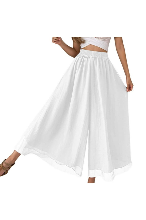 Pants for Women High Waist Solid Float Flowy Beach Elastic Waist Wide Leg Chiffon Palazzo Pant Womens Slacks White XXXL