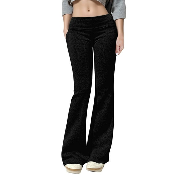 Hpapadks Pants for Women Solid Color Low Rise Elastic Waist Flared Pant Slim Fit Womens Slacks Black XS