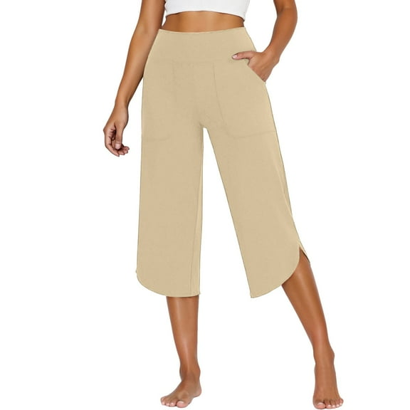 Hpapadks Pants for Women Solid Wide Leg Yoga Loose High Waisted Workout Capri Pant with Pockets Womens Slacks Beige M