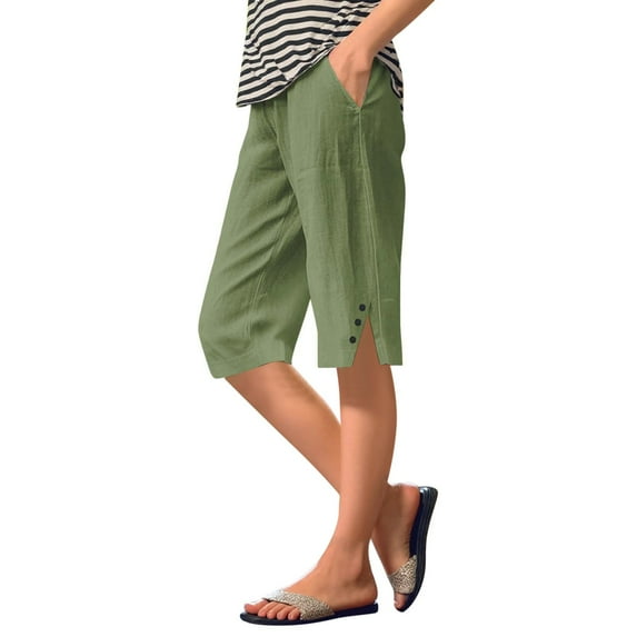 Hpapadks Pants for Women Summer Solid Loose Side Slit Knee Length Shorts with Pockets Slacks for Women Army Green XL