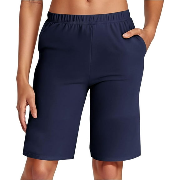 Hpapadks Plus Size Womens Shorts Stretch Waist Elastic Waistband Pockets Basic Solid Color Shorts for Women Navy L