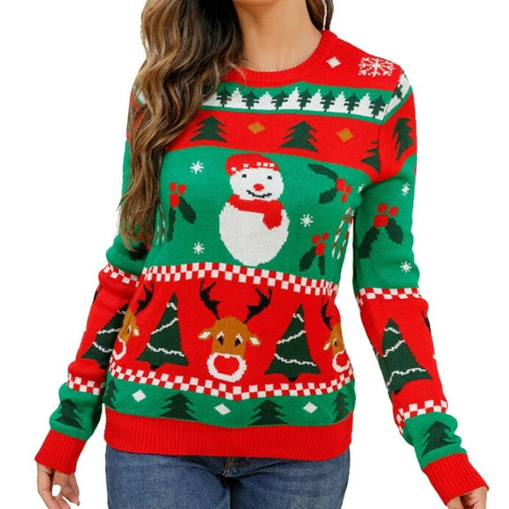 Hpapadks Pullover Sweaters for Women Christmas Sweaters Contrast Snowman Deer Cartoon Jacquard Long Sleeve Round Neck Knitwear Halloween Sweater Red M
