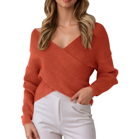 Hpapadks Pullover Sweaters for Women V Neck Elegant Front Cross Sweaters Fall Winter Long Sleeve Solid Loose Knit Top Cable Knit Sweater Women Orange A