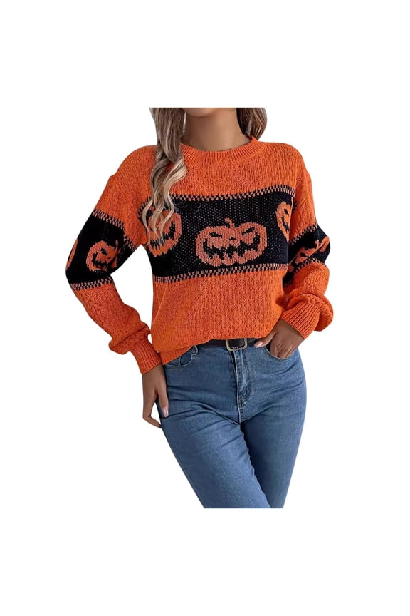 Pullover Sweaters for Women Halloween Pumpkin Color Block Knit Long Sleeved Pullover Sweaters Christmas Sweater Orange L