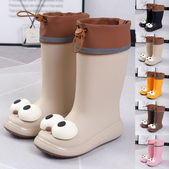 Hpapadks Rain Boots Kids Rainy Cute Cartoon Big Eye Lightweight Non Water Shoes With Adjustable Drawstring Soft Spring Summer Fall Coffee 10-10.5 Y