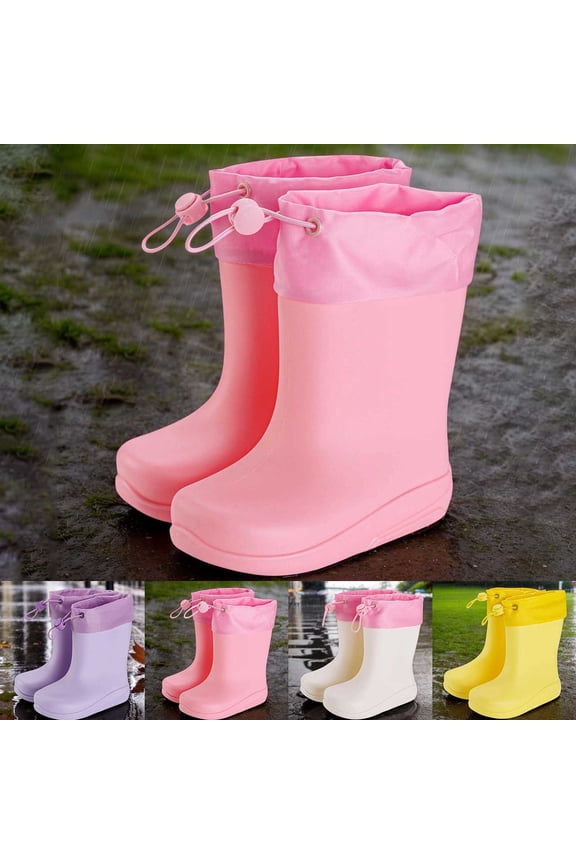 Rain Boots Kids Solid Rubber Waterproof Non Slip Water Shoes With Adjustable Drawstring Wide Calf Hiking Outdoor Play White 4.5-5 Y