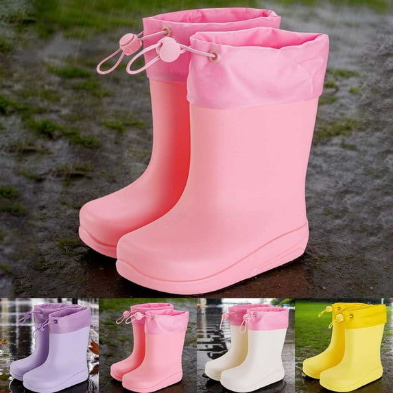 Hpapadks Rain Boots Kids Solid Rubber Waterproof Non Slip Water Shoes With Adjustable Drawstring Wide Calf Hiking Outdoor Play Yellow 5.5-6 Y