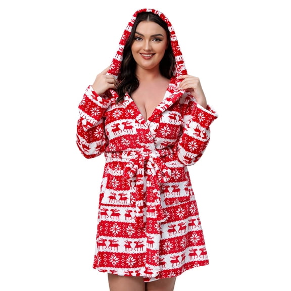 Hpapadks Robe for Women Nightgown Warm Flannel Nightgown Thickened Bathrobe Christmas Deer Fashion Warm Large Size Nightgown Women's Nightgowns Red XL