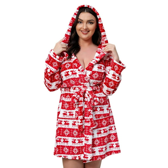 Hpapadks Robe for Women Nightgown Warm Flannel Nightgown Thickened Bathrobe Christmas Deer Fashion Warm Large Size Nightgown Women's Nightgowns Red XL