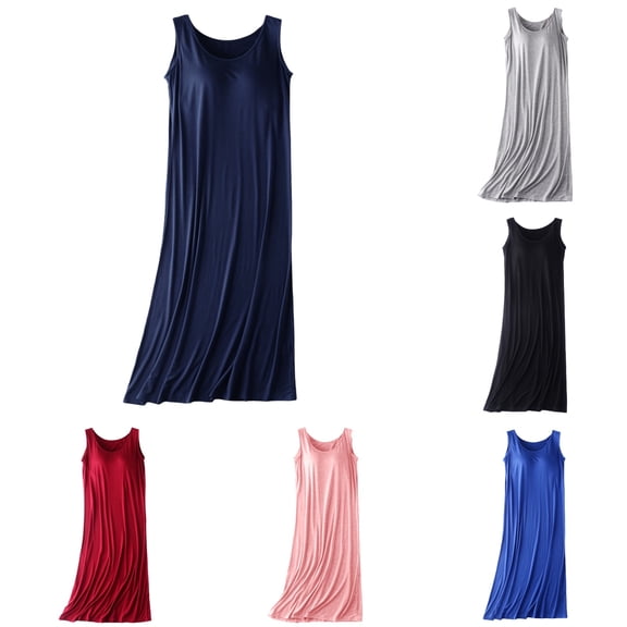 Hpapadks Robes for Women Summer Lightweight Sleeveless Tank Dress Casual Loose Chest Pad Mid Length Summer Suspender Pajamas Bottoming Dress Womens Nightgowns Navy L