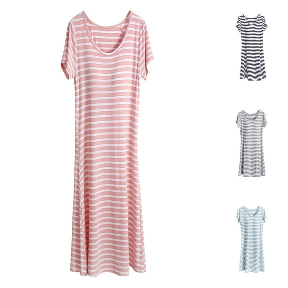 Hpapadks Robes for Women Summer Striped Design Colors Pajamas Dress Summer Short Sleeves Nightgown with Chest Pad Nighty Dresses Women's Nightgowns Pink L