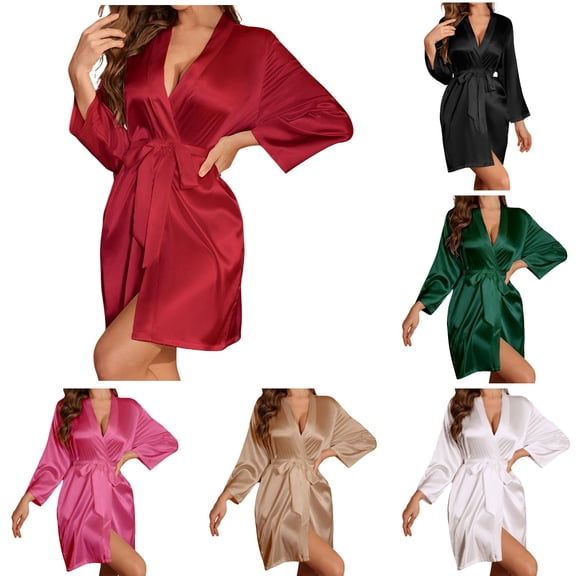 Hpapadks Robes for Women Long Sleeve French Elegant Sleepwear Silk Satin Thin Robe Loungewear Pajama Set Nightgowns for Women Wine S