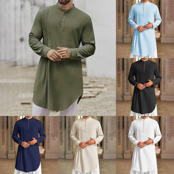 Hpapadks Shirts for Men Linen Long Sleeve Buttons Kaftan Thobe Long Gown Robe Muslim Gown Mens Hawaiian Shirt White L