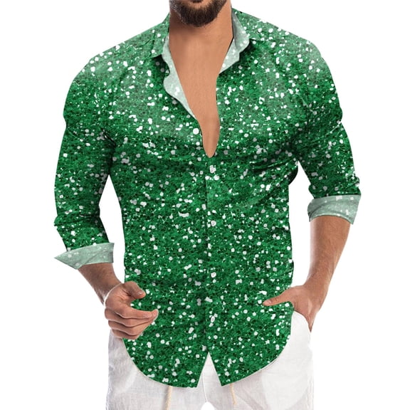 Hpapadks Shirts for Men Long Sleeve Carnival Sequin Digital 3D Print Lapel Button Down Top Loose Dress Shirts for Men Green M