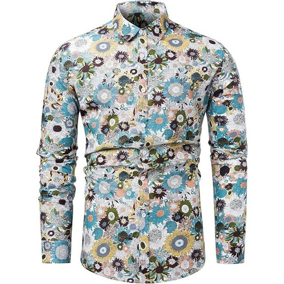 Shirts for Men Long Sleeve Tropical Button Down Summer Beach Style Printed Hawaiian Shirt for Men White M