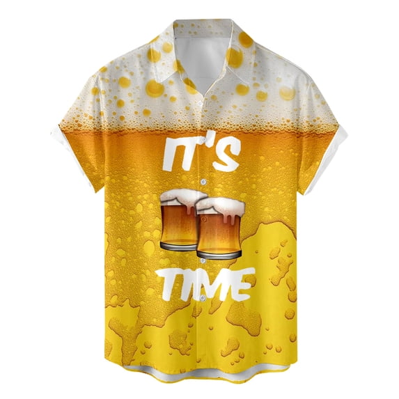 Hpapadks Shirts for Men Oktoberfest Summer Short Sleeve Button Up Tops Beer Print Collared Outdoor Breathable Hawaiian Shirt for Men Yellow XXXL