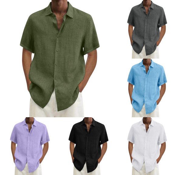 Hpapadks Shirts for Men Solid Color Short Sleeve Lapel Button Down Blouses Loose Hawaiian Shirt for Men Army Green XL