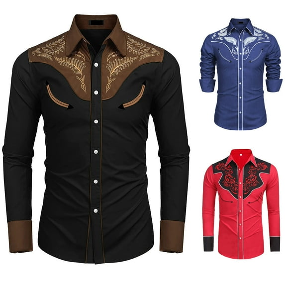 Shirts for Men Western Style Printed Personality Long Sleeved Vintage Stand Collar Shirts Hawaiian Shirt for Men Black L
