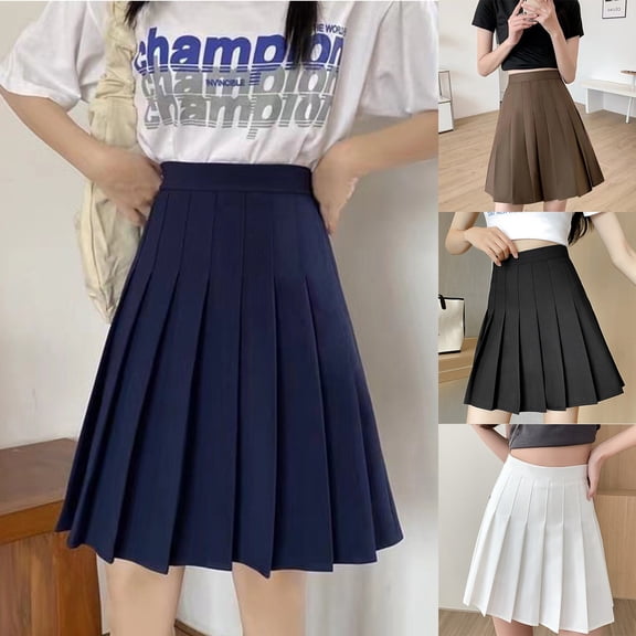 Hpapadks Skirts for Women High Waist Mid Length Solid Color Pleated Half Skirt Black L