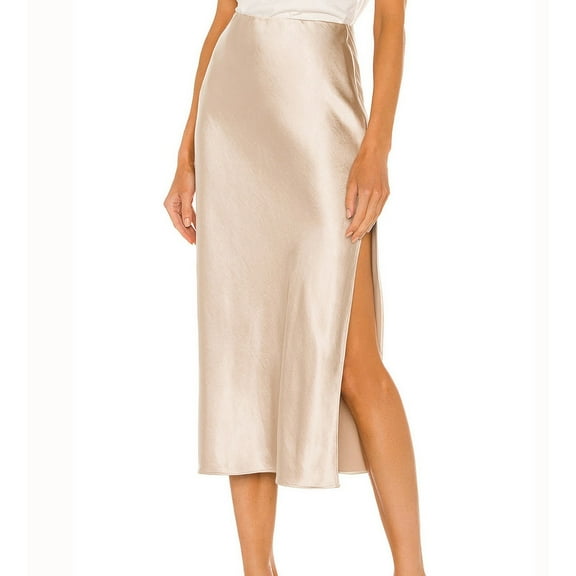 Hpapadks Skirts for Women Satin Elastic High Waist Solid Color Slit Midi Skirt Beige S