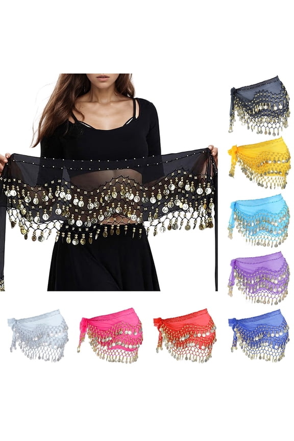 Skirts for Women Trendy Belly Dance Chiffon Hip Scarf with 98 Coins Chain Blue One Size