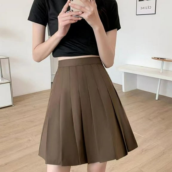 Hpapadks Skirts for Women Trendy High Waist Mid Length Solid Color Pleated Half Skirt Khaki XL