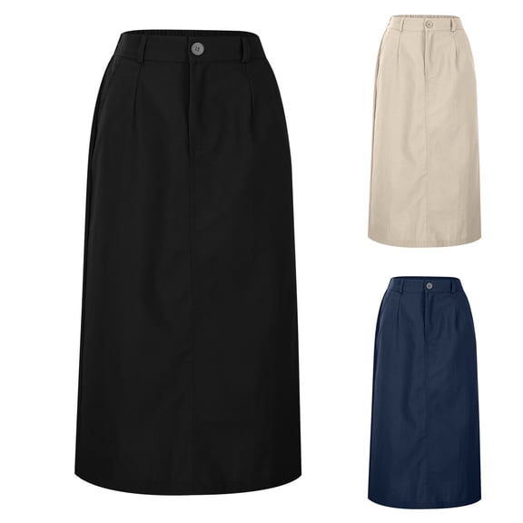 Hpapadks Skirts for Women Trendy Spring Summer Solid Retro Style A Line Midi Skirt with Pockets Black L