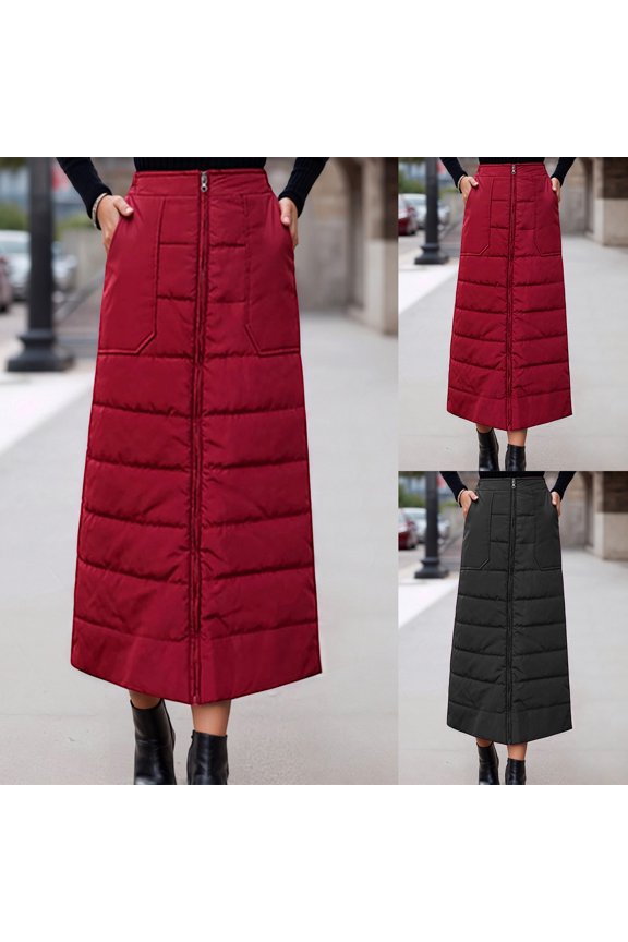 Skirts for Women Trendy Winter Thickened Elegant Mid Length Casual Warm Outerwear A Line Down Skirt Black L