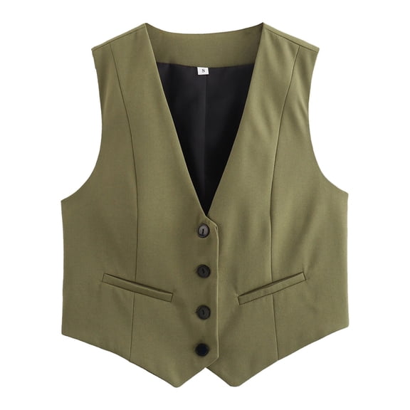 Hpapadks Summer Blazers for Women Lightweight Sleeveless Solid Dressy V Neck Button Down Cropped Suit Vest Army Green M