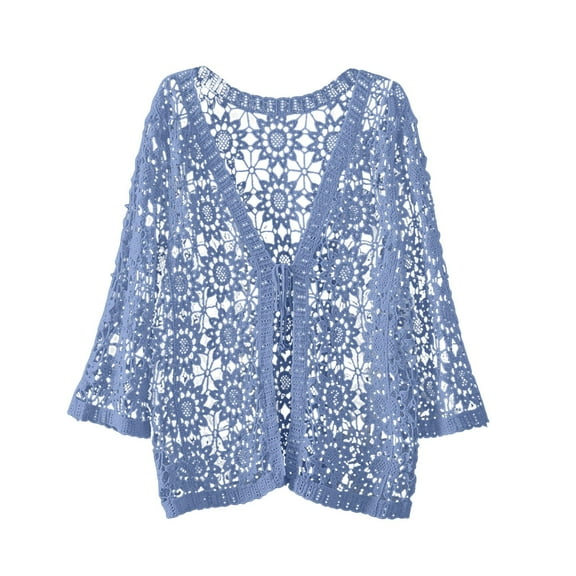 Hpapadks Summer Cardigan for Women Crochet Lace Hollowed Out V Neck 3/4 Sleeve Tie Front Solid Open Front Shirt Shrugs for Women