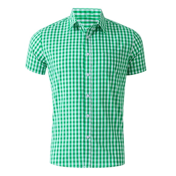 Hpapadks Summer Shirts for Men Beach Classic Short Sleeve Plaid Lapel Button Down Tops Dress Shirts for Men Green L