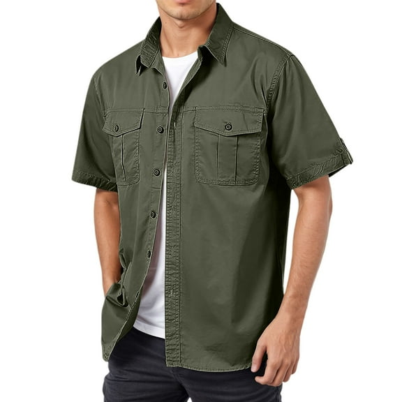 Hpapadks Summer Shirts for Men Casual Short Sleeve Button Down Lapel Cargo Blouses with Pockets Outdoor Loose Fit Dress Shirts for Men Green M