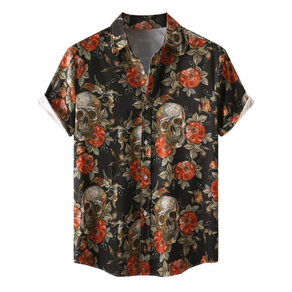 Hpapadks Summer Shirts for Men Halloween Short Sleeve Floral Print Tops Lapel Button Down Multicolor Blouses Dress Shirts for Men Black XL