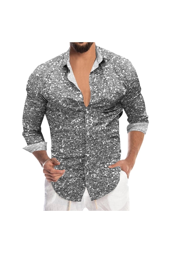 Summer Shirts for Men Long Sleeve Carnival Sequin Digital 3D Print Lapel Button Down Top Loose Mens Dress Shirts Silver XXXL