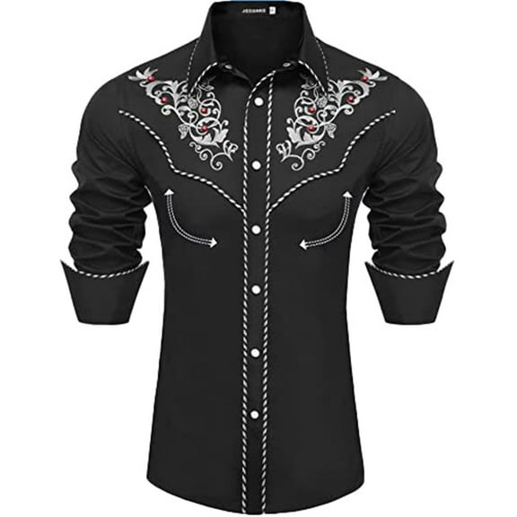 Hpapadks Summer Shirts for Men Long Sleeve Versatile Retro Print Stand Up Collar Breasted Button Down Blouses Slim Fit Mens Dress Shirt Black L