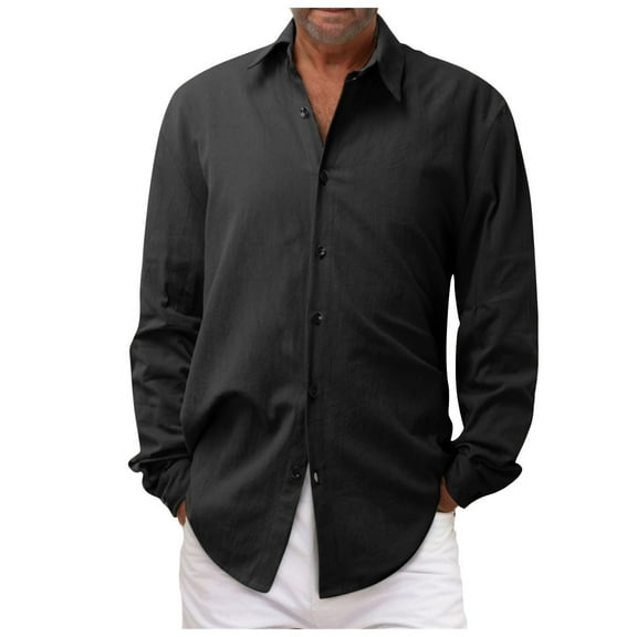 Hpapadks Summer Shirts for Men Solid Color Plus Size Loose Turn Down Long Sleeve Blouses Buttons Mens Dress Shirt Black L