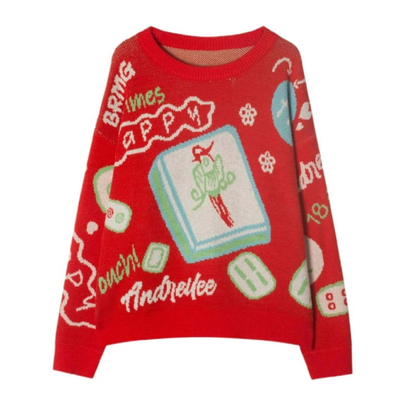 Hpapadks Sweaters for Women Trendy Christmas Knitted Pullover Sweaters Winter Fall Warm Mahjong Pattern Versatile Casual Top Halloween Sweaters for Women Red L