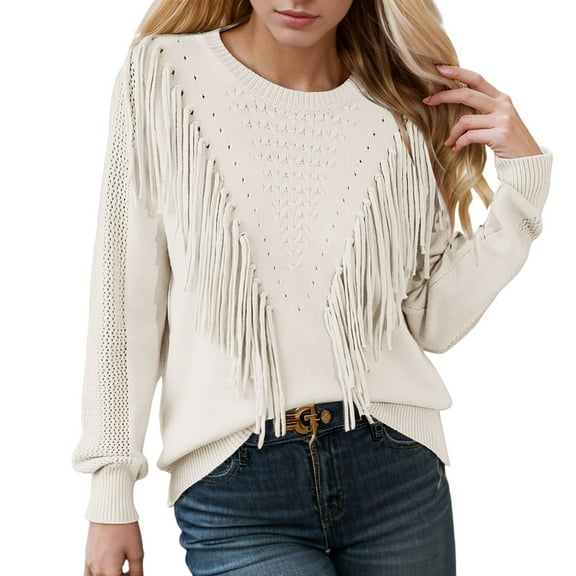 Hpapadks Sweaters for Women Casual Crewneck Fringe Tassel Solid Knitted Pullover Sweaters Tops Womens Sweater Beige XL