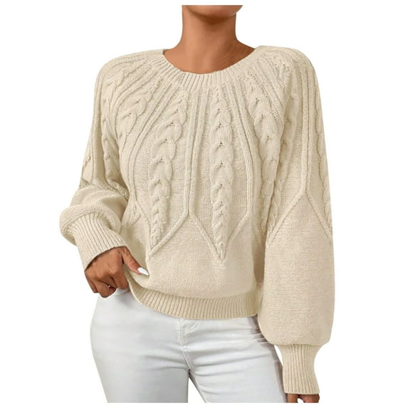 Hpapadks Sweaters for Women Trendy Casual Solid Color Crew Neck Threaded Pullover Knit Sweaters Womens Sweater Beige L