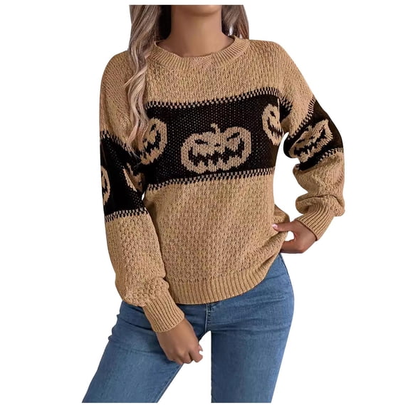 Hpapadks Sweaters for Women Trendy Halloween Pumpkin Color Block Knit Long Sleeved Pullover Sweaters Christmas Sweater Khaki XL