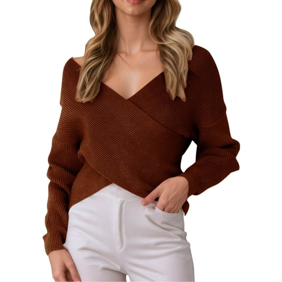Hpapadks Sweaters for Women Trendy V Neck Elegant Front Cross Sweaters Fall Winter Long Sleeve Solid Loose Knit Top Womens Sweater Coffee A