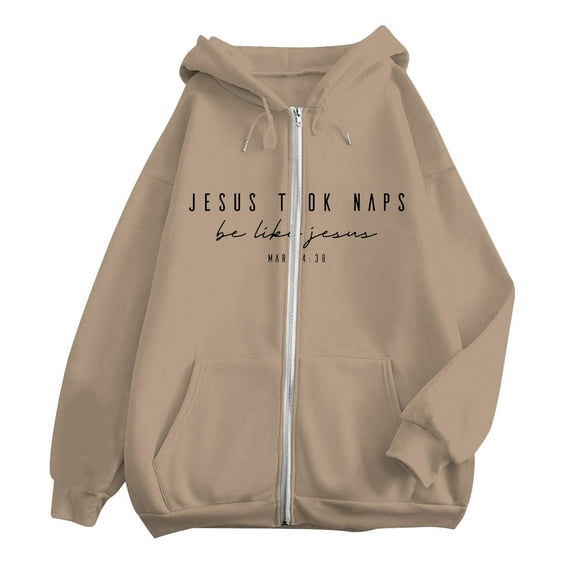 Hpapadks Sweatshirt for Women Casual Long Sleeve Pocket Zipper Letter Print Hooded Cardigan Hoodies for Women Khaki XXL