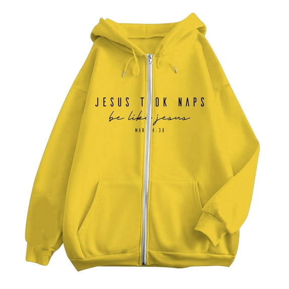Hpapadks Sweatshirt for Women Casual Long Sleeve Pocket Zipper Letter Print Hooded Cardigan Hoodies for Women Yellow XL