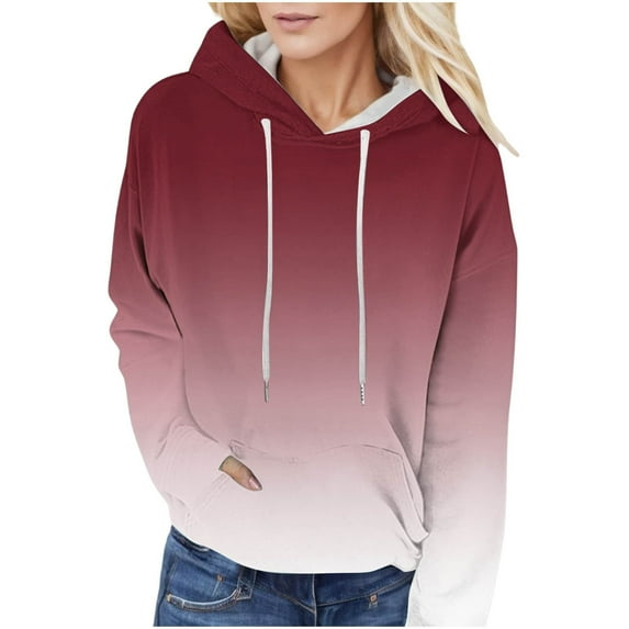 Hpapadks Sweatshirt for Women Fashion Casual Gradient Print Long Sleeve Loose Hooded Hoodie with Pockets Hoodies for Women Wine M