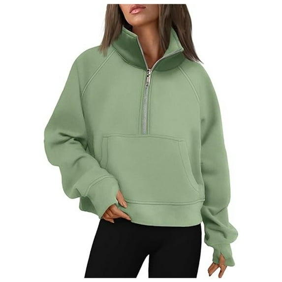 Hpapadks Sweatshirt for Women Fashion Casual Half Zipper Long Sleeve Stand Collar Plus Fleece Solid Hoodies for Women Green XXL