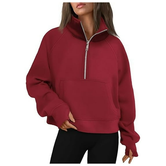 Hpapadks Sweatshirt for Women Fashion Casual Half Zipper Long Sleeve Stand Collar Plus Fleece Solid Hoodies for Women Wine XL