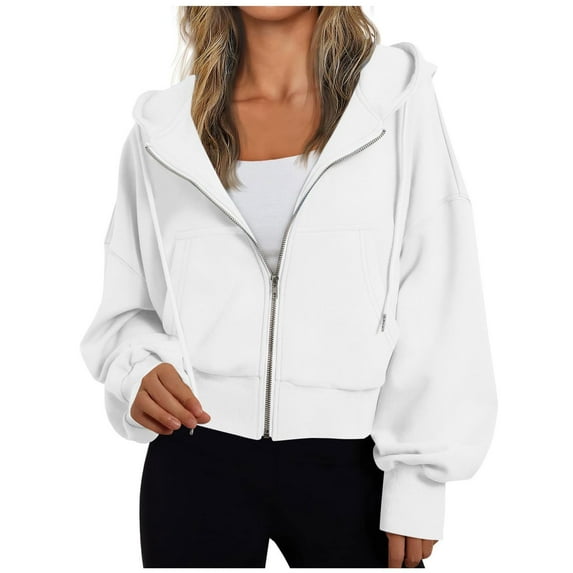 Hpapadks Sweatshirt for Women Full Zipper Short Style Casual Long Sleeve Solid Comfort Gym Hooded Hoodies for Women White M