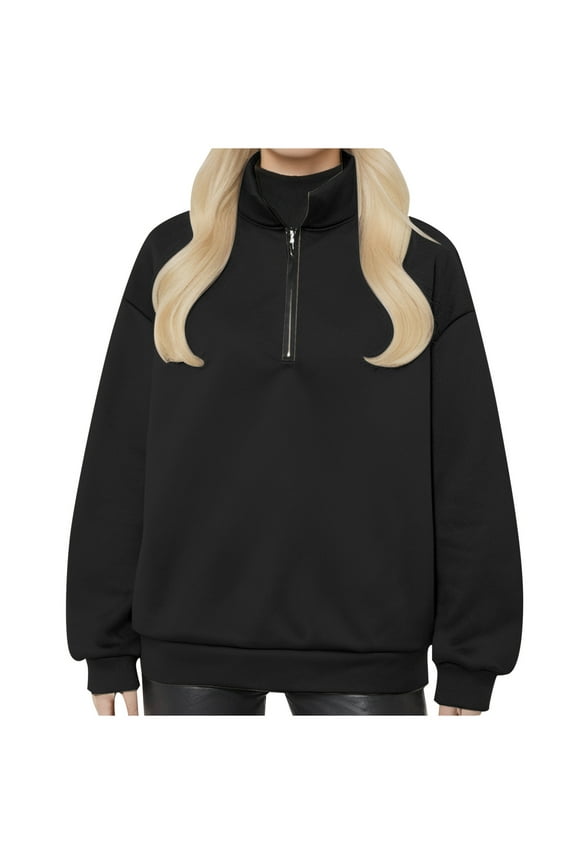 Sweatshirt for Women Half Zip Oversized Long Sleeve Solid Drop Shoulder Fleece Workout Hoodies for Women Black XL