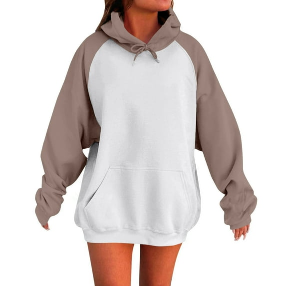 Hpapadks Sweatshirt for Women Oversized Long Sleeve Color Block Fleece Hooded Sweatshirts Hoodies for Women Beige L