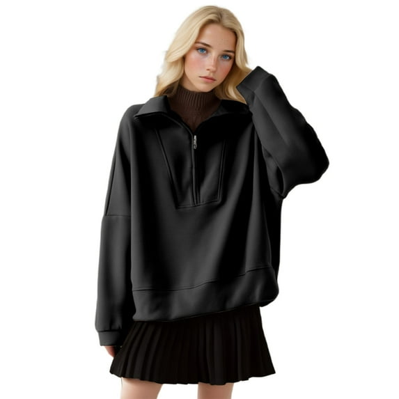 Hpapadks Sweatshirt for Women Quarter Zip Stand Collar Long Sleeve Solid Casual Loose Fit Tops Hoodies for Women Black L